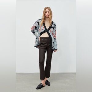 Zara Dreed Flare Raw Hem Cropped Faux Leather Waxed Denim Jeans Size US 4